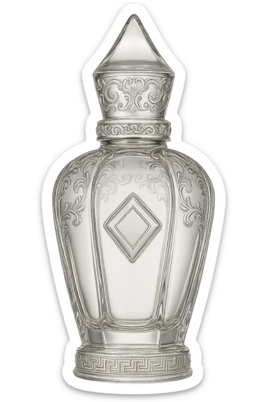 Refine this perfume bottle to closely resemble the shape and ornate details of Xerjoff's 'La Capitale' fragrance bottle, keeping the style elegant and luxurious, with no characters or text, and a transparent background. sticker