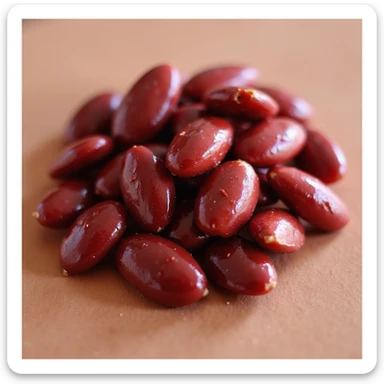 realistic candied almonds with a glossy dark red candy coating, arranged in a small pile, no background sticker