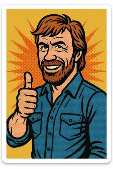 caricature style Chuck Norris with a thumbs up, strong jawline, over-the-top heroic pose, vibrant and energetic sticker