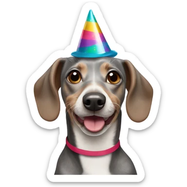 Grey Weiner dog with a party hat sticker