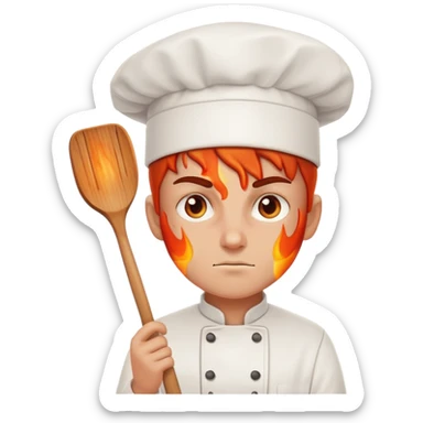 determined chef with fiery eyes, holding spatula sticker
