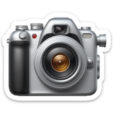 Minimal emoji icon of a modern metalic camera, front view, simple shapes, realistic lens,  sticker