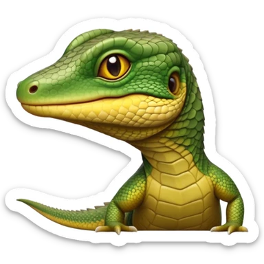 cinematic-realistic-cute-monitor-lizard-portrait-emoji,-head-tilted-playfully-and-inquisitively,-featuring-a-compact,-agile-body-with-finely-detailed,-glossy-scales-in-earthy-olive-hues-and-a-distinct,-alert-face-with-bright,-curious-eyes, yellow and dark green scales sticker
