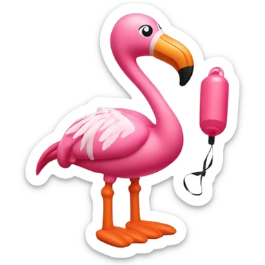 Inflatable flamingo wearing arm bands and has a whistle sticker