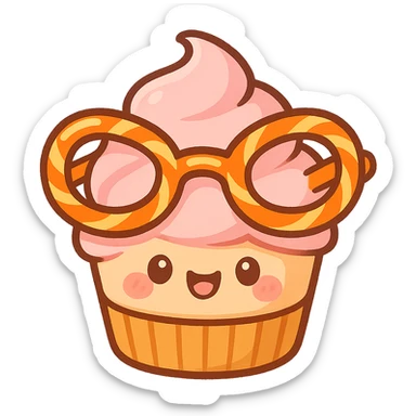 A cupcake wearing neon orange sunglasses, the sunglasses are twisted to look like sugar canes, bright and colorful, cute chibi stickers style sticker