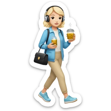 a young woman full length walks with headphones on with a caviar sandwich in one hand and herbal tea in the other hand sticker
