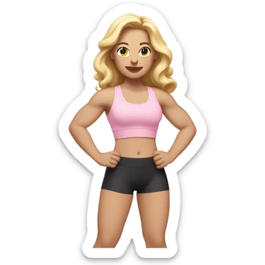 White woman, pale skin, long hair, blonde hair, wavy hair, baby pink sports bra, baby pink leggings, flexing right arm sticker