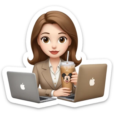 Women in front of laptop that has a Mickey sticker on it, with a happy face, face a little fuller, lips plump, full eyebrows, long light brown hair, light brown big eyes, light pale skin with a iced coffee on the side, business attire sticker