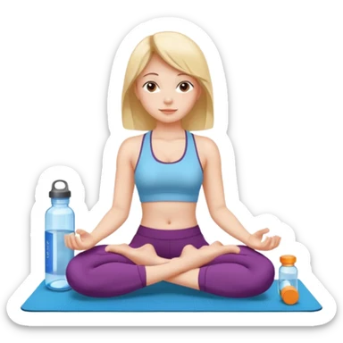 Девушка сидит на коврике для йоги и рядом стоит вода, таблетки, гантели  sticker