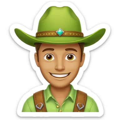 Cowboy face with a large lime green hat and a grin sticker