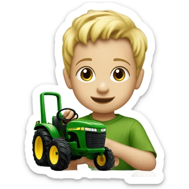 3 year old blonde boy playing with a John Deere sticker