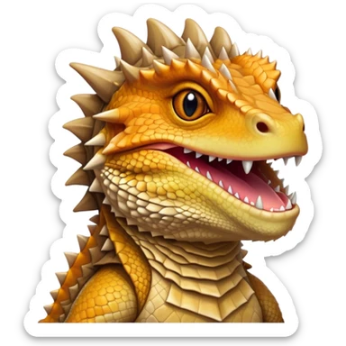 Cinematic Noble Bearded Dragon Portrait Emoji, Poised and regal, with a robust, angular build and a textured, scaled hide in earthy olive and sandy tones, a prominent spiky 'beard' beneath its chin and a keen, alert gaze, Simplified yet sharp and sophisticated features, highly detailed, glowing with a soft, dignified glow, high shine, intelligent and fierce, stylized with an air of desert majesty, focused and attentive, soft glowing outline, capturing the essence of a watchful and commanding reptile, so majestic it feels as though it could scuttle out of the screen with effortless authority! sticker