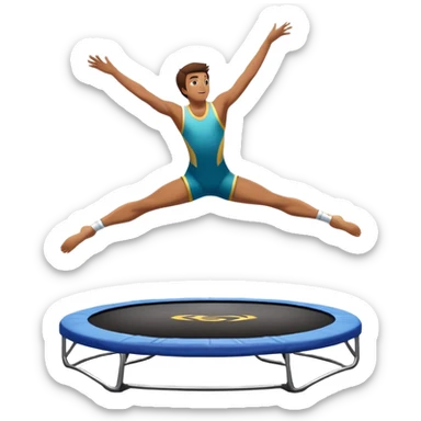 An athletic person soaring high above a trampoline, executing an acrobatic flip with perfect form. The scene captures motion and energy, with a dynamic pose, stretched limbs, and a focused expression. The background suggests a professional trampoline arena with safety padding. sticker