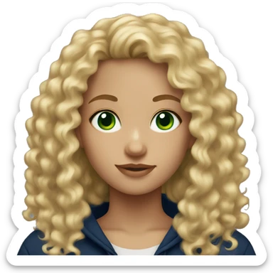 Blonde curly hair girl with green eyes and navy blue hoodie sticker
