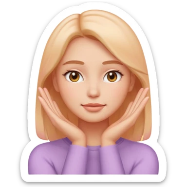 Emoji of glowing female face with hands on cheeks, skincare, pastel, flat, minimal sticker