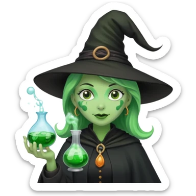 Witch with Green Skin – long-nosed witch in black hat holding potion sticker