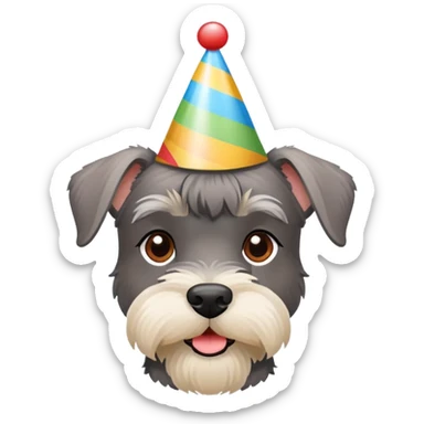 A schnauzer dog wearing a colorful birthday hat sticker