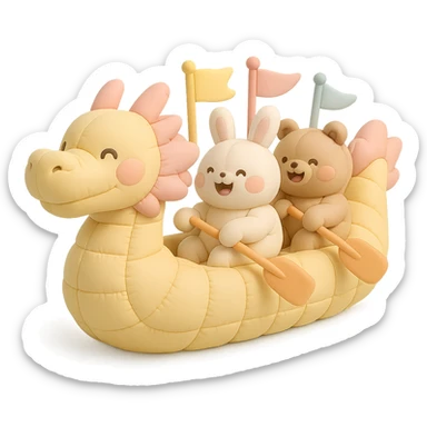 chubby dragon boat with cute animal rowers paddling joyfully, pastel tones, festive background, cushion style sticker