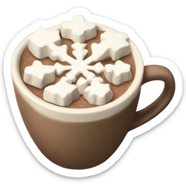 A cup of hot chocolate in a textured cream colored mug with snowflake shaped marshmallows on top sticker