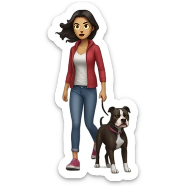 a woman with dark hair is angry and walk with a pitbull sticker