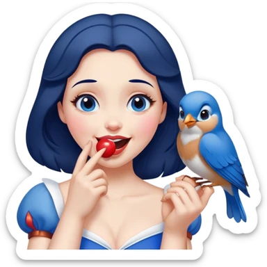 Cinematic Adorable Snow White Portrait Emoji, Giggling as a bluebird perches on her finger, cheeks rosy with joy, bright expressive eyes full of wonder, her innocence and beauty blending into a heartwarming moment! sticker