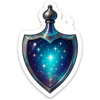 shield-shaped luxurious elixir bottle, elegant color palette, iridescent and silver details, intense magical glowing and sparkling effects, very small neck, seamless bottom, transparent background, floating, no base or shadow, modern, matching a collection sticker