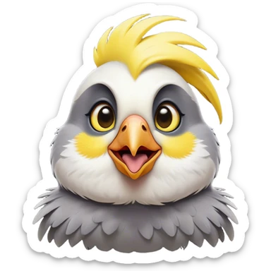 Cinematic Comical Cockatiel Portrait Emoji, Head tilted dramatically with an exaggeratedly amused expression, featuring a striking grey fur with bold yellow accents and a flamboyant crest, wide, expressive dark eyes filled with playful disbelief, Simplified yet hilariously expressive features, highly detailed, glowing with a slightly sassy glow, high shine, dramatic yet playful, stylized with an air of cheeky mischief, bright and endearing, soft glowing outline, capturing the essence of a spirited and over-the-top cockatiel, so meme-worthy it feels like it could side-eye its way into internet fame instantly! sticker