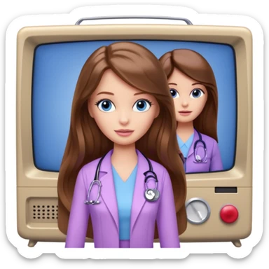 beautiful barbie girl with long brown hair, blue eyes and wearing light purple clothes watching tv show doctor who sticker
