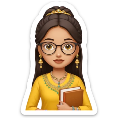 a pretty bratz fair indian girl wearing spectacles, jhumkas, kurti yellow, carrying books sticker