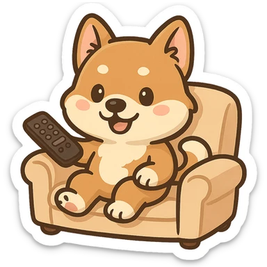 a fun and friendly dog holding a remote and sitting on a couch, cartoon style, playful and cute, relaxed vibe sticker