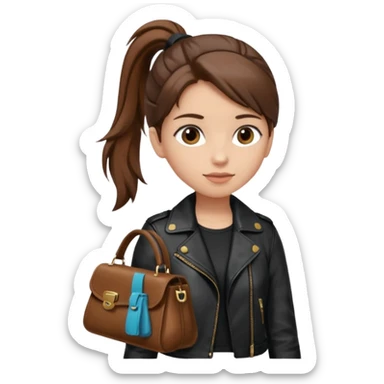 A girl with a pony tail brown hair and white ish skin with a black jacket and a brown purse  sticker