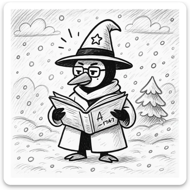 Add a snowy background behind the hand-drawn doodle penguin wizard, keeping the hand-drawn doodle style with sketchy lines and playful details. sticker