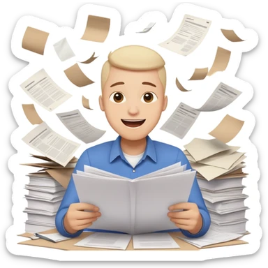 A person with a happy excited face but also looking stressed and overwhelmed, papers flying everywhere, surrounded by work items, half celebrating success and half panicking about deadlines sticker