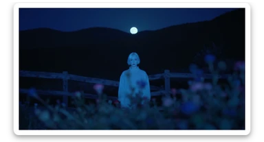 A portrait of a white person in the foreground, blurred plants in the foreground, a wooden fence and colorfull flowers in the midground, rolling hills in the background, cinematic depth of field, layered composition, moon back light (Blue night) sticker
