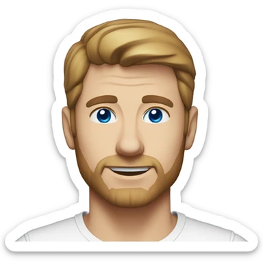 A head and shoulders shot of a 33 year old white man, with short brown hair, with none facial hair,   with blue eyes wearing a t-shirt. sticker