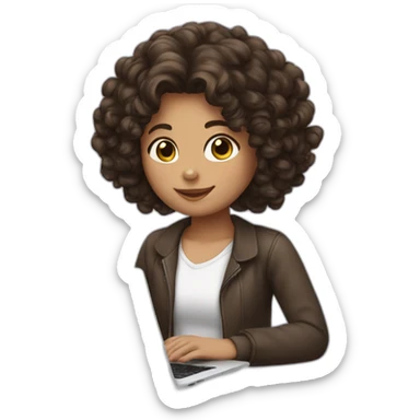 girl with curly dark brown hair with laptop and white hearts back sticker