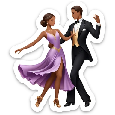 Icon for Ballroom Dancing: a couple in an elegant dance pose, with flowing dresses and tuxedos, surrounded by dance floor lights. The icon should convey the grace and elegance of ballroom dance, with focus on movement and precision. Transparent background. sticker