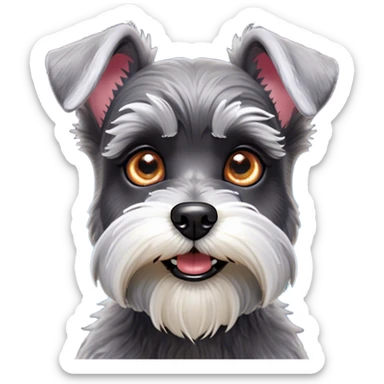 Cinematic Comical Miniature Schnauzer Portrait Emoji, Head tilted dramatically with a comically shocked expression and large, animated eyes, featuring a sharply defined salt-and-pepper fur with exaggerated, humorous eyebrows, simplified yet hilariously detailed, glowing with a bold, playful radiance, high shine, exuding a spirited and cheeky charm, styled with a soft glowing outline, capturing the essence of a Miniature Schnauzer that appears ready to dash into a burst of comic energy! sticker