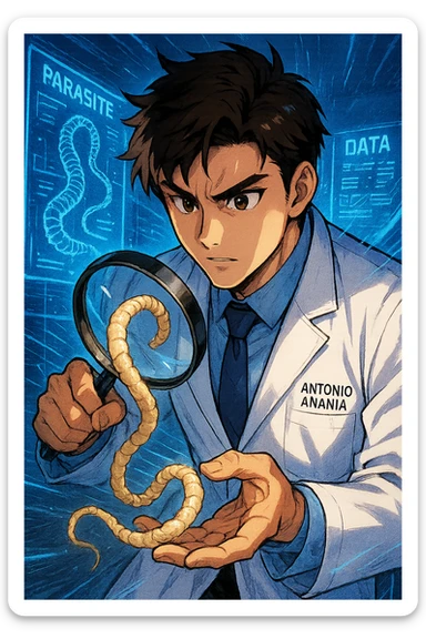 A dynamic manga/webtoon-style illustration of a young male kinesiologist wearing a clean white lab coat, analyzing light beige worms like a tapeworm under a magnifying glass. His expression is focused and slightly intrigued, with sharp, detailed eyes. The art style is vibrant, with bold linework, rich colors, and dramatic lighting. The background is a futuristic laboratory with glowing holographic screens displaying parasite data. The tapeworm is intricately drawn, slimy and segmented, with a slightly exaggerated yet realistic texture. The composition is dynamic, with motion lines or energy effects to emphasize his scientific investigation. The atmosphere is intense but not dark, keeping a balance between scientific seriousness and stylish manga aesthetics, he has "ANTONIO ANANIA" WRITTEN ON WHITE LAB COAT sticker