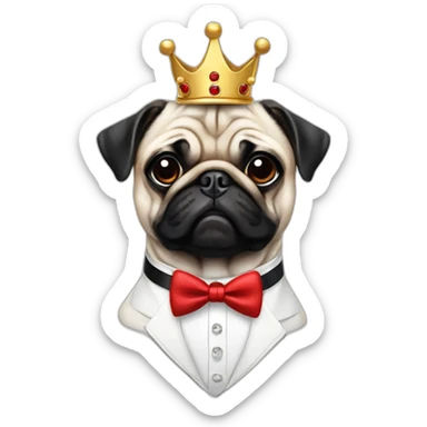 A dog (pug) with a crown in a white suit and a red bow and black braces sticker
