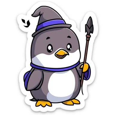 a penguin wizard with a staff and hat next to a small dragon sticker