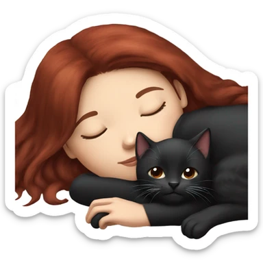 White skin dark red haired girl sleeping with black kitten sticker
