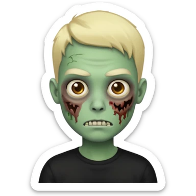 Faça um emoji de um garoto zumbi de cabelos pretos curtos com mechas loiras e com uma camisa preta de mangas compridas. sticker