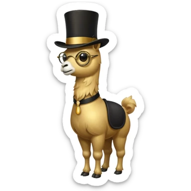 A small golden llama silhouette wearing a black top hat and a single eye monocle, full body shot sticker