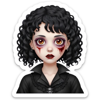 Faça uma mulher zumbi com o cabelo cacheado médio, e uma franja cacheada, cabelo preto e deixe ela meio gótica. sticker
