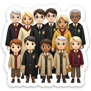 make bitlife kind of bitmojies of the harry potter universe. Make different kind of wizards and witches with different ages. make the clothes look like the one from hp sticker