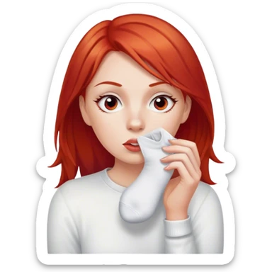 a woman with red hair and red eyes sniffing a white sock sticker