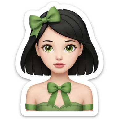 The woman has long black hair with green ribbon bows, light brown eyes, fair skin, and a heart-shaped face. She wears soft makeup, a muted rose lip, and a strapless olive green top. sticker