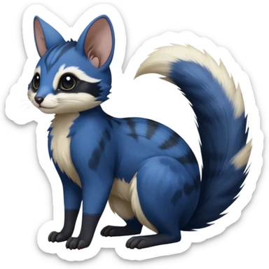 Dark-cobalt-blue, black-pointed, soft realistic romantic vintage antique divine beautiful elegant pretty precious cute young youthful  Fakémon-Pokémon-Furret-opossum-squirrel-feline-serval-caracal-chinchilla-Minccino-Cinccino-Meowstic-rodent-hybrid-creature with a big fluffy bushy tail (full body) sticker