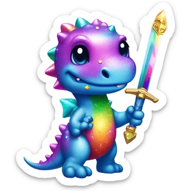 Lisa frank glitter rainbow cute dinosaur with sword and jewels sticker